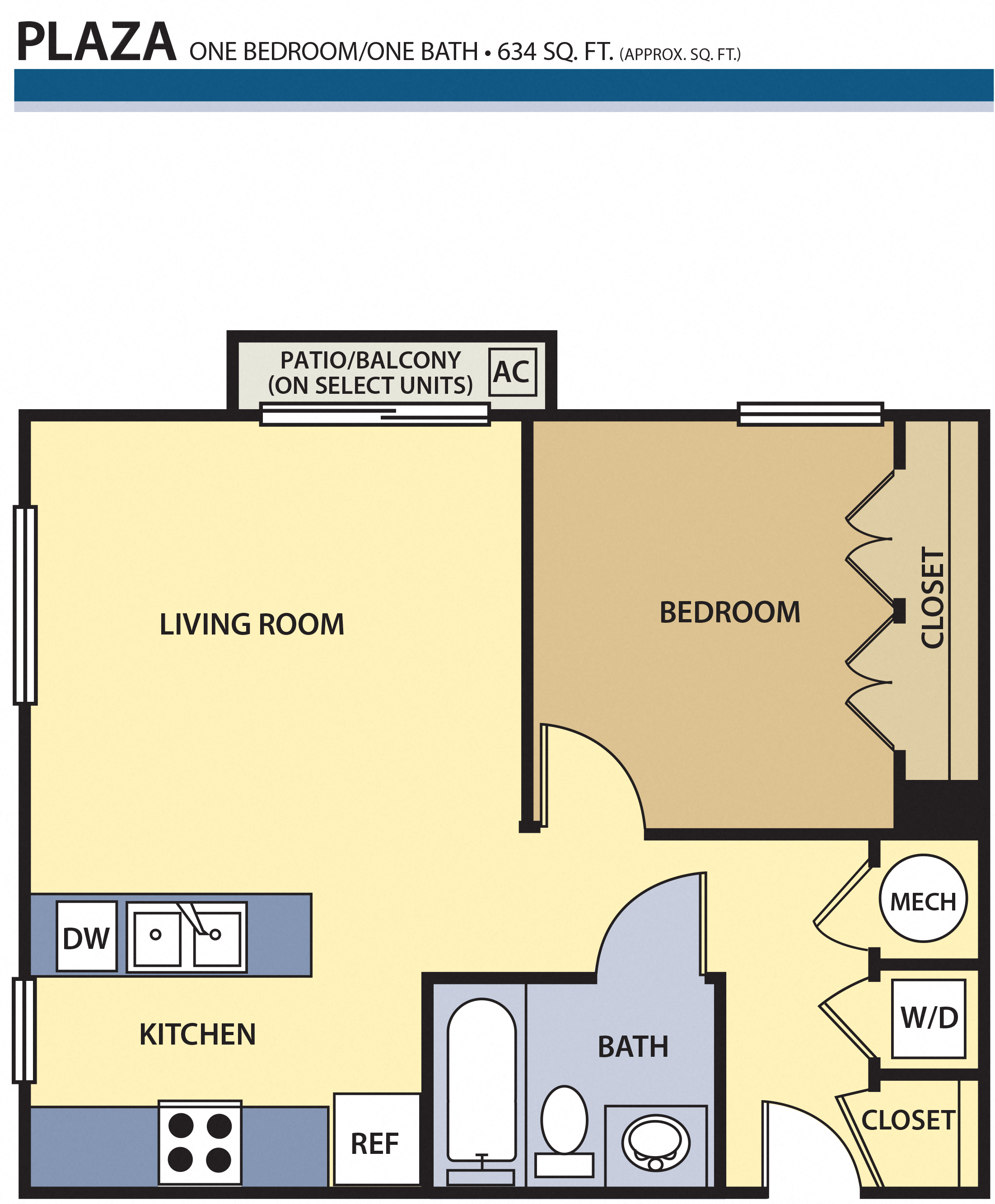 Floor plan for 1 bed, 1 bath, 634 sqft